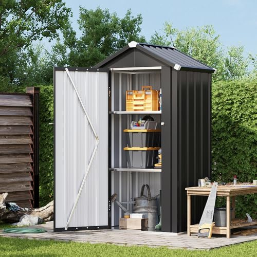 Aoxun Wetterfestes Gartenhaus aus Metall 77 x 56 cm | platzsparendes Gerätehaus mit Boden & 2 verstellbaren Einlegeböden, 160 cm hoch, für Werkzeuge, Gartengeräte, Terrasse