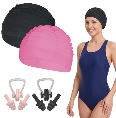 2 Pezzi Cuffia Piscina Donna e Uomo per Capelli Lunghi, Cuffie Nuoto in Tessuto Elastico Plissettato con 2 Set di Tappi per Orecchie e Stringinaso, Kit Nuoto Adulti per Piscina e Mare