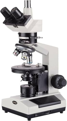 AmScope PZ200TA Polarizing Trinocular Microscope, WF10x and WF16x Eyepieces, 40X-640X Magnification, Strain-Free Plan Achromatic Objectives, Polarizing and Brightfield Configurations, Halogen Illumination, Bertrand Lens, Abbe Condenser, Round Graduated Stage, 110V