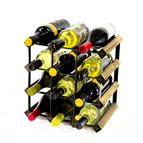 Classic 12 Bottle Walnut Stained Wood and Black Metal Wine Rack | Ready Assembled