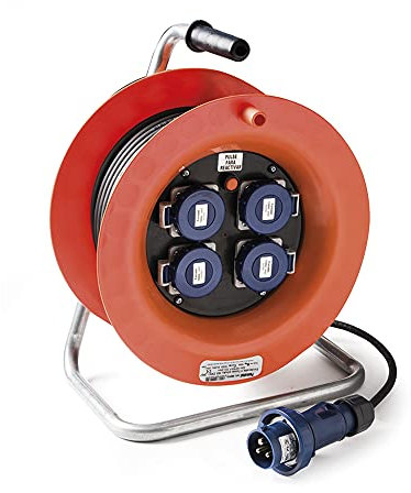 FAMATEL – Avvolgicavo 4 prese | IP67 | 50 metri | Con interruttore | 4 prese TT-16A-250V | Spina industriale 2P+T-16A-250V | Cavo neoprene 3x1,5