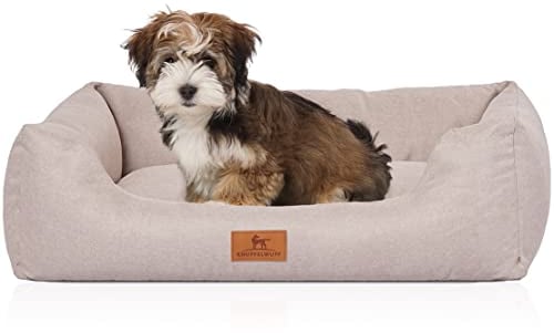 Knuffelwuff Hundebett Emma aus Velours mit feinem Handwebcharakter in Pastellfarben M-L 85 x 63cm Beige - Abnehmbarer Bezug - leicht zu reinigen - für große, mittelgroße und kleine Hunde