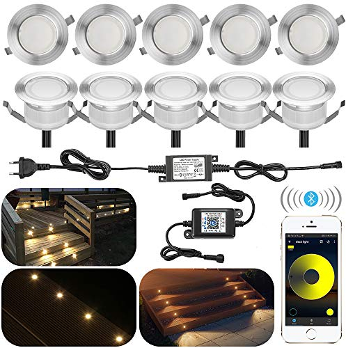 SUBOSI 10er Set Bluetooth Dimmbar Warmweiß Led Bodeneinbaustrahle Aussen 1W Ø45mm IP67 Wasserdicht LED Einbaustrahler Terrasse Garten Led Lampe Full Kit
