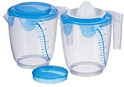 MiraHome Messbecher Set 2-teilig – 1,5L mit Deckel und Rührloch, inkl. Zitruspresse – hochwertiges Litermaß für Küche – präzises Messbecher mit 1L - 1,5L Skala – Austrian Quality