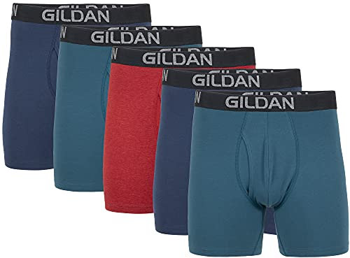 Gildan Men's Cotton Stretch Boxer Brief, Multipack, Blue Cove/Hawaiian Blue/Heather Red Mark (5-Pack, Regular Leg), L (Pack of 5)