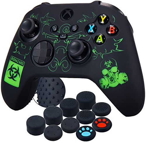 YoRHa Silicona Talla Láser Funda Piel Carcasas Cubierta para Xbox Series X/S Mando x 1 (BH Verde) con Agarres para el Pulgar x 10