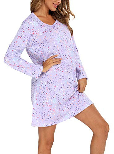 ENJOYNIGHT Chemise de Nuit Femme à Manches Longues Coton Robe de Nuit Imprimé Vêtements de Nuit (Large,Violet)