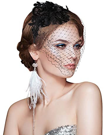 Vintage Lace Tiara Fascinators Accessoire Annee 20 50's Plume Cheveux Cérémonie Flower Feather Dress Tiara Fascinator Black Hat Tea Party Cocktail Voile Chapeau Bibi Mariage Bandeau Veil Femme Girls