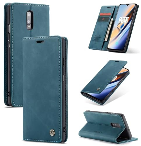 SLWYF Handyhülle für OnePlus 7 Hülle Premium Lederhülle Klappbar Flip Case Tasche Magnet Kartenfach Standfunktion Klapphülle Schutzhülle für OnePlus 7, Blaugrün