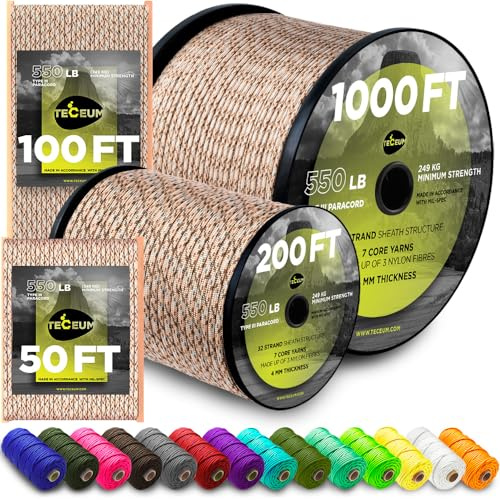 TECEUM Paracord Rope Type III 550 – Tactical MIL-SPEC – Outdoor Para Cord | Desert Camo, 305m, Clothesline, Camping Fishing Gear and Equipment, DIY, Parachute Cord 4mm, Strong Survival Utility Rope