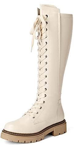 DREAM PAIRS Donna Stivali Alti al Ginocchio Stringate Scarpe Corte Caviglia Casual Boots Beige SDKB2203W-E Taglia 40 (EUR)