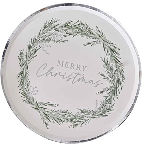 Ginger Ray Christmas Wreath Paper Party Table Plates with Silver Pack of 8, SIL-425