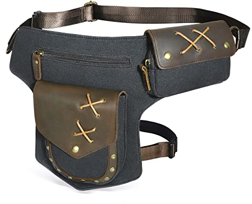 Herren Canvas + Leder Motorrad Reiten Tasche Beinbeutel Beintasche Außenbeintasche Hüfttasche Drop Leg Tasche FB211-8 (A-Schwarz)