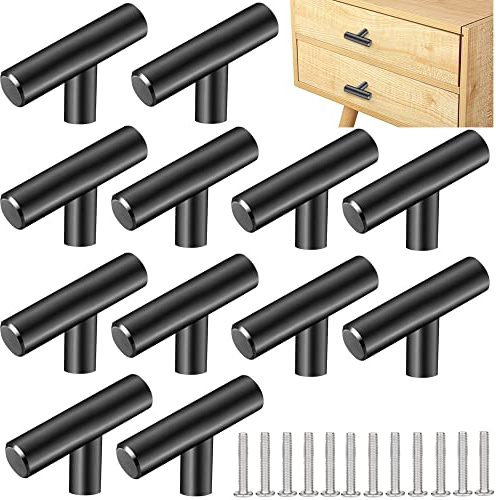 ZACUDA 12PCS Tirador de Cocina en Forma de T Negro Tiradores para Cajones de Acero Inoxidable Tiradores de Muebles Modernos con Tornillo Perillas Diseño en T para Puertas para Armario Gabinete Puerta