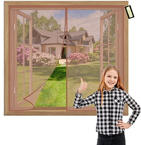 Fliegengitter Fenster Magnet 50x90cm Braun Fliegengitter Fenster Insektenschutz,Automatische Schließung Atmungsaktiver Klebemontage Ohne Bohren
