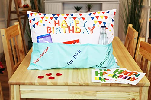 KAMACA Geburtstagskissen Kissen mit Füllung 30x50 cm Flauschiges Sofakissen mit 3 Taschen Deko und Geschenkidee zum Geburtstag für Frauen Männer Jugendliche Geschenkidee (Happy Birthday - 30x50cm)