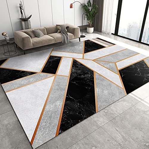 SANSJI Schwarzgrauer Weißer Marmor Teppiche, Goldlinien-Minimalismus Gedruckt Maschinengewebt Flachgewebter Teppich - für Wohnzimmer, Kinderzimmer, Schlafzimmer und die Küche 160 x 230 cm