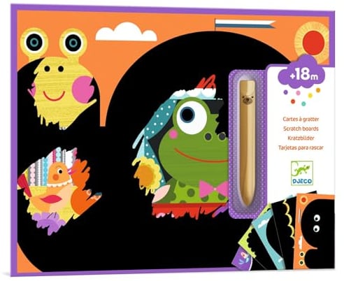 DJECO Jeu Cartes à Gratter Animaux - Enfants dès 18 Mois - Gratte et Découvre Les Dessins ! Développe la Motricité et l'Adresse - 1 Outil en Bois, 5 Grandes Cartes, 1 Livret Explicatif