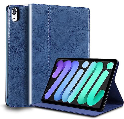Gexmil Genuine Leather Case for iPad Mini 7 (A17 Pro) 2024 / iPad Mini 6 Generation 2021 8.3 Inch,Adjustable Stand,Smart Cowhide Cover Shockproof,Anti-Fingerprint Anti Slip,Oil Wax Blue