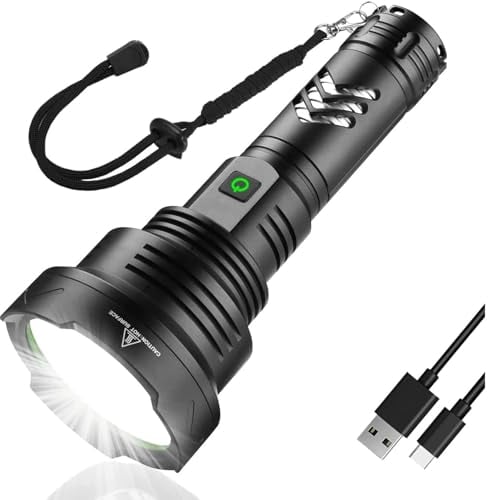 WURF Ultra Powerful LED Torch, 50000 Lumen Rechargeable Torch, XHP90 Tactical Flashlight, IPX6 Waterproof 5 Flashlight Modes for Camping, Hiking, Emergencies [Energy Class A+]
