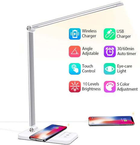 BIENSER Schreibtischlampe LED, 10W Wireless Charging, USB Ladefunktion, Bürolampe Tischlampe mit 10 Helligkeits X 5 Farbstufen Dimmbar, Memory Funktion, Sensible Kontrolle, 30/60 min Auto Timer, 20W