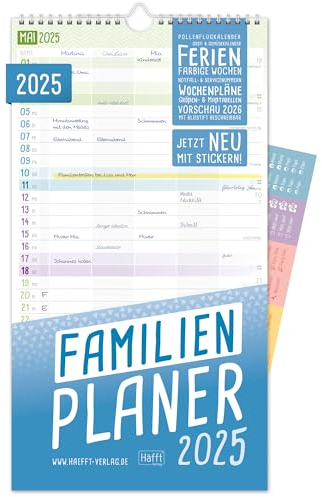 Häfft® Familienplaner 2025 mit 5 Spalten, 23,5 x 42,6 cm, Wandkalender Jan - Dez 2025, Familienkalender Wandplaner: Ferientermine & viele Zusatzinfos - nachhaltig & klimafreundlich