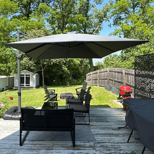 PURPLE LEAF Sombrilla Terraza 3 x 3 m con Base en Cruz, Sombrilla Jardín Exterior de Aluminio con Tejido 240g Protección UV 50+, Manivela, Inclinable y Rotación 360°, Gris claro