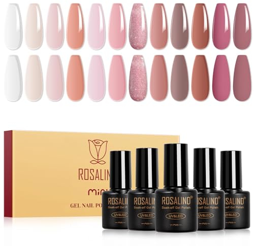 ROSALIND UV Nagellack Set,12 Farben Jelly Gel Nagellack Transparent Nude Rosa, Shellac Nagellack Soak-Off UV Gel Nail Polish Rosa Braun Gelnägel für Nail Art Maniküre