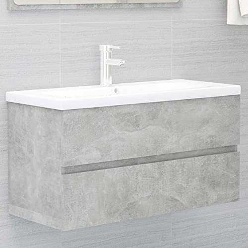 ARKEM Armoire d'évier Gris béton 90x38,5x45 cm Aggloméré,Armoire De Toilette Miroir Salle De Bain,Armoire De Salle De Bain avec Miroir