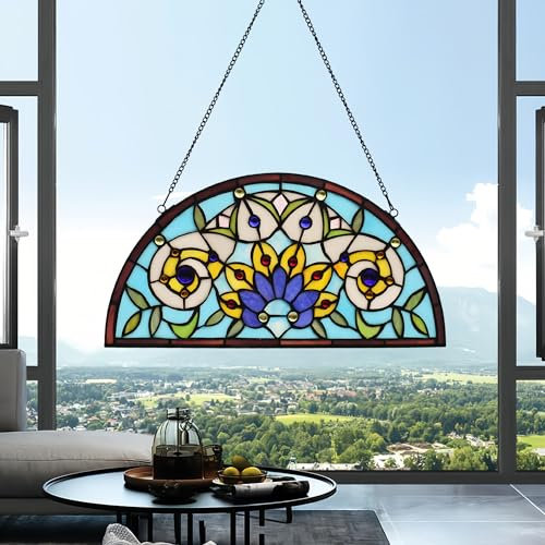 YOURANJU Halbmond-Buntglas-Fensterdekoration, Tiffany-Stil, 40,6 x 20,3 cm, halbrund, Einweihungsgeschenk, Wohnzimmer, Schlafzimmer, Küche, Fenster, dekorative Behänge mit Kette (Blume)