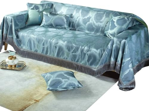 Epinki Überwurfdecke, 190x380CM Überwurfdecken für Bett mit Quaste Blatt Muster, Wohnzimmer Sessel Hunde Haustiere Sofahusse aus Seide für Wohnzimmer, Blau