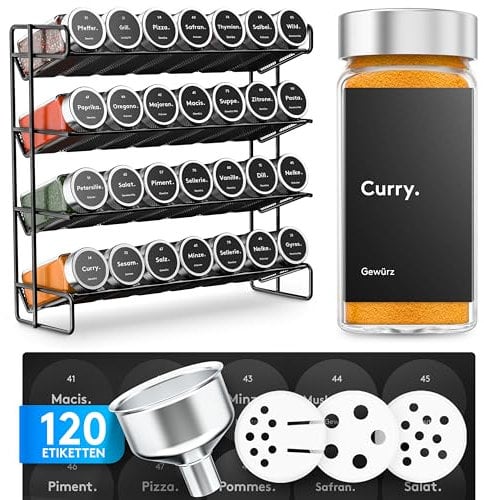 ZMILLA® Gewürzregal Stehend [28 Gewürzgläser inklusive] 120 Etiketten + Acrylstift + Edelstahltrichter | Komplettes Gewürz Organizer Set