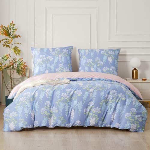 SAPHREAS Bettwäsche 200x220 Set Kuschelige Bettwäsche Baumwolle Bettwäsche-Sets Lila Blumen Bettwäsche Mädchen 3teilig 1 Bettbezug 200x220 cm + 2 Kissenbezüge 80x80 cm mit Reißverschluss
