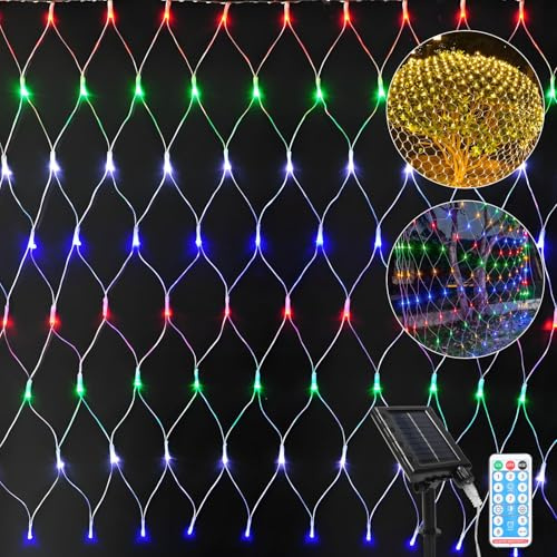 Eulenke lichternetz solar 3x2m, 240 LEDs Bunt Energieeinsparung lichternetz mit Fernbedienung, Helligkeit einstellbar, 8 Modi + Memory-Funktion, IP44, Lichtempfindlich Kontrolle