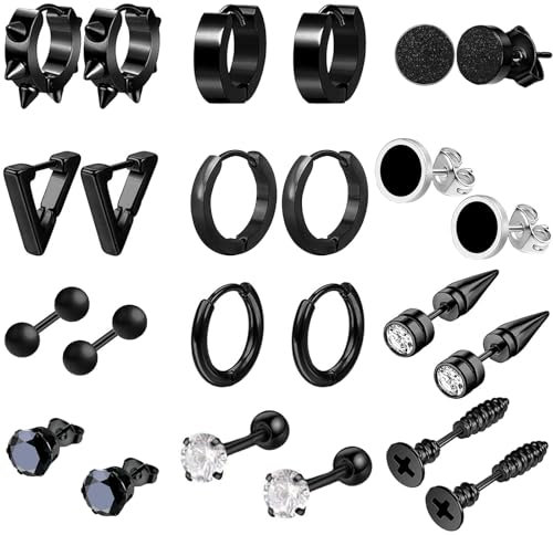 12Paia Orecchini Uomo Acciaio Inossidabile Orecchini a Cerchio Nero Orecchini Punk Kpop Anallergici Donna Set Orecchini Piercing Cartilage Zirconi Orecchino per Uomo Donna