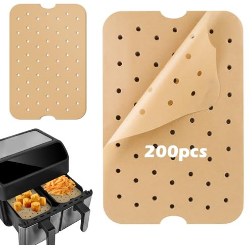 200 Stück Airfryer Backpapier，für Heißluftfritteuse Eckig,Perforiertes Backpapier,Luftfritteuse Pergamentpapier, Dampfgarer Airfryer Liner