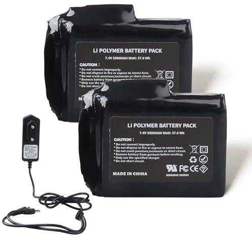 MXJFYY - 2 baterías Recargables de polímero de Litio de 7,4 V, 5000 mAh, 37 WH y Cargador para Guantes, Calcetines, Gorros, pasamontañas, Plantillas, Ropa Interior térmica y Mitones.