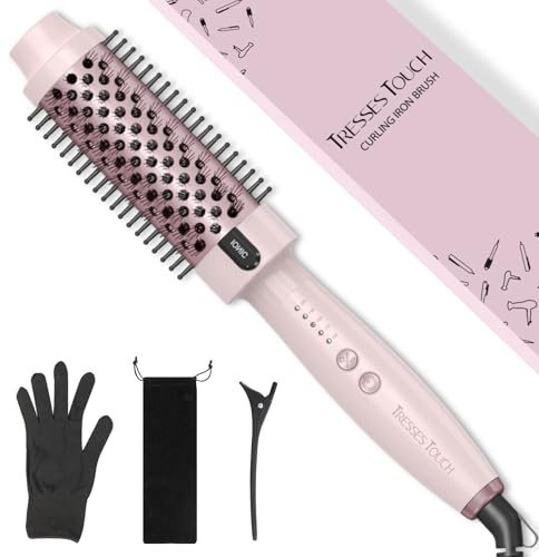 Tresses Touch Thermal Brush, Round Heated Hot Brush Blowout Boost Ionic, Curling Brushes for All Hair, 5 Temperature Settings, Universal Voltage for Travel, Dual PTC, Not for Blow Drying, Pink