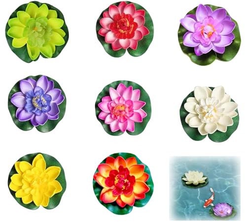 FDRJKN Water Lily for Small Pond, Artificial Water Lilies for Ponds Small, Pond Ornaments Outdoor, 8 Realistic Lily Pads for Ponds, Water Plants for Small Ponds, Fake Pond Plants, 10 * 10 * 2 cm