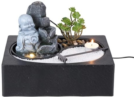 BTGGG Indoor Water Fountain Laughing Buddha with LED Light Candle, Table Top Indoor Water Feature Feng Shui Meditation Zen Smiling Buddha Fountain for Relaxing Home Decor, 3 Pin UK Plug Included