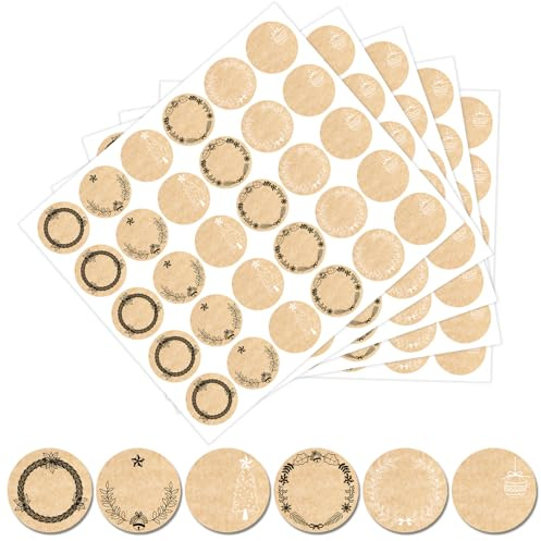300 Stück Weihnachtsaufkleber – Runde Sticker Weihnachten aus Kraftpapier, Ø 3,8 cm – Selbstklebende Aufkleber zum Beschriften für Papiertüten, Geschenkverpackung, Weihnachtsdeko & DIY