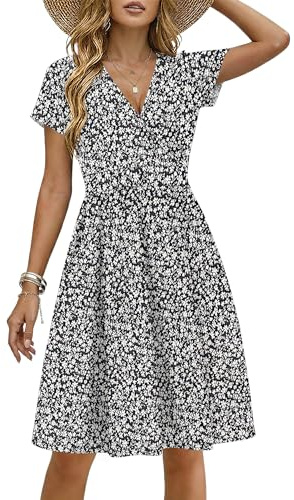 WNEEDU Summer Dresses for Women UK Short Sleeves V Neck | Wrap waist, A-line hem, Side pockets, Knee length, Lightweight, Daily casual, Solid & printed, Ladies beach dress