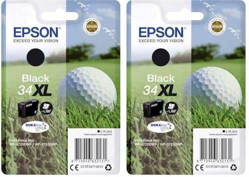 Epson 34XL Black Golfball Genuine High Yield, DURABrite Ultra Ink Cartridge (Pack of 2)