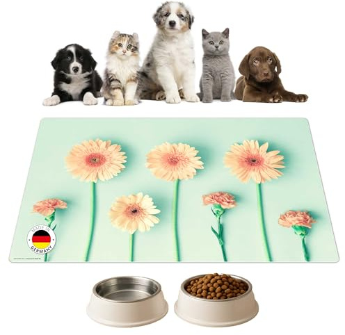Napfunterlage | Futtermatte für Hunde und Katzen „Pfirisch-farbene Gerbera Blüten“ aus Premium Vinyl - 60x40 cm – rutschhemmend, abwaschbar, reißfest - Made in Germany