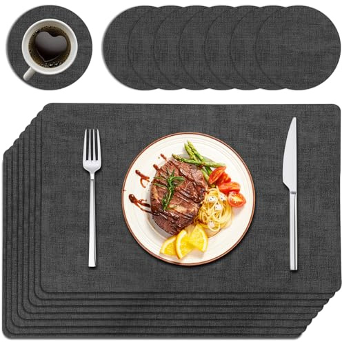 Purejoy placemats table mats wipeable placemats - placemats set of 8 table placemats and coasters 43×30cm PU Leather, Heat-Resistant Up to 120°C, Dark Grey for Kitchen Dining Indoor Outdoor