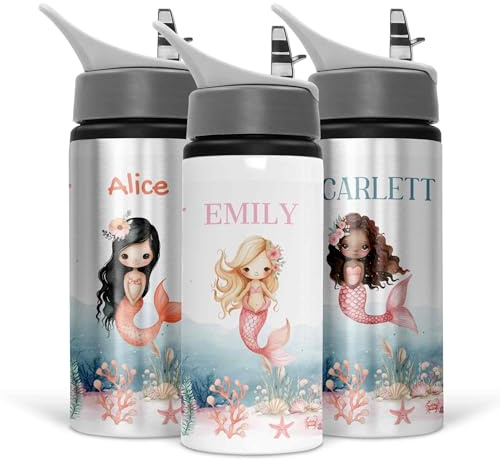 Personalised Mermaid Water Bottle with Name – Kids BPA Free Aluminium Drink Bottle, Leak Proof, Flip Spout with Straw Lid, Easy Clean with Carry Handle, School, Sports, Travel & Everyday Use, 600ml