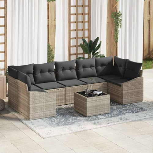 XHNIFBN Juego de 8 sofás de jardín de polirratán, 289 x 123,5 x 85 cm, color gris claro, diseño moderno, duradero, modular, resistente a los rayos UV, para terraza, piscina y balcón pequeño