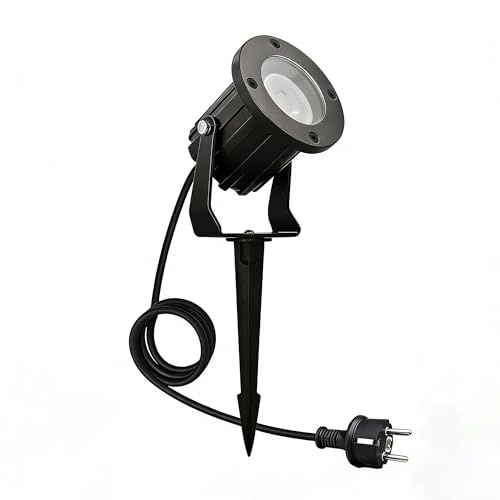 YOVGQOLV LED Gartenstrahler mit Erdspieß 230V GU10 IP65 Wasserdicht | IP65 Gartenbeleuchtung mit Strom Inkl. 5W 3000K GU10 Glühbirne,2m Kabel & Stecker,Aluminium Gartenlampen,Schwarz