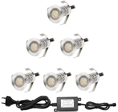 6er Set LED Bodenstrahler Mini Treppen Einbaustrahler Ø18mm 0.4W IP67 Wasserdicht 7LM Bodeneinbaustrahler Aussen und Innen Lampe mit 12V Netzteil für Garten Terrasse Treppen Beleuchtung Warmes Weiß