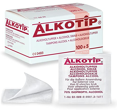 Alkotip Standard Alkoholtupfer – Desinfektionstücher mit 70% Isopropylalkohol, einzeln verpackt, sterile Tupfer zur Desinfektion – 105 Stück